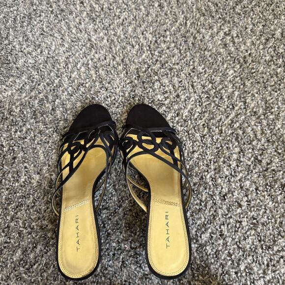 VTG Tahari Kitten Heel Strappy Sandals Womens 9.5 M Black Satin 90s Y2K Slip On - Picture 5 of 9